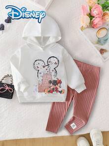 Conjunto de 2 piezas de pantalones largos de felpa fina para bebé niña Disney Minnie & Mickey Mouse, otoño/invierno, sudadera con capucha para recién nacido e infante con estampado divertido de dibujos animados de Minnie & Mickey, pantalones largos de punto con rayas verticales y decoración de parche de letras, conjunto casual versátil y lindo para uso diario de niña pequeña, adecuado para uso al aire libre, regalo ideal - Blanco - Ver 1