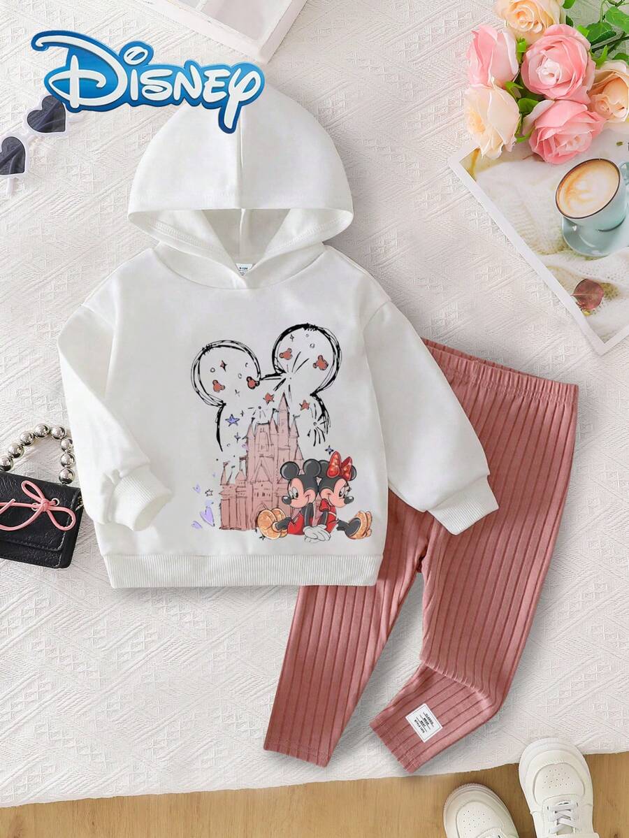 Conjunto de 2 piezas de pantalones largos de felpa fina para bebé niña Disney Minnie & Mickey Mouse, otoño/invierno, sudadera con capucha para recién nacido e infante con estampado divertido de dibujos animados de Minnie & Mickey, pantalones largos de punto con rayas verticales y decoración de parche de letras, conjunto casual versátil y lindo para uso diario de niña pequeña, adecuado para uso al aire libre, regalo ideal - Blanco - Ver 1