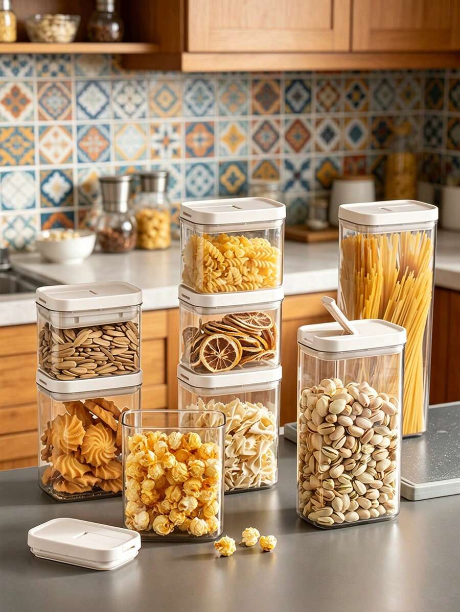 1pc/Kitchen Airtight Storage Jar, PET Material Dustproof Waterproof Insect-Proof Grain Canister, Stackable Refrigerator Storage Box, Restaurant Storage Container, Food Storage Box, Rice Storage Box, Suitable For Grains, Long Biscuits, Rice, Pasta, Flour And Sugar, Meal Prep, Home Decor. - Transparent - View 1