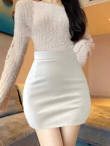 Small Brown PU Short Skirt, High-Waisted, Fitted, Hugging The Buttocks, Simple Fashion - [白色的] - 查看 3