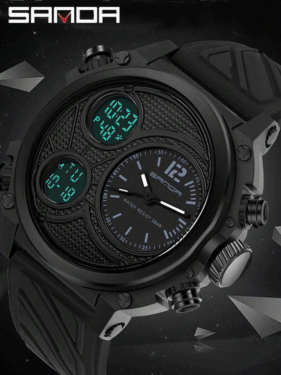 SANDA Men's Sports Quartz Watch, Large Dial, Dual Display, LED Digital Wrist Watch, Waterproof Military Multi-Function Chronograph