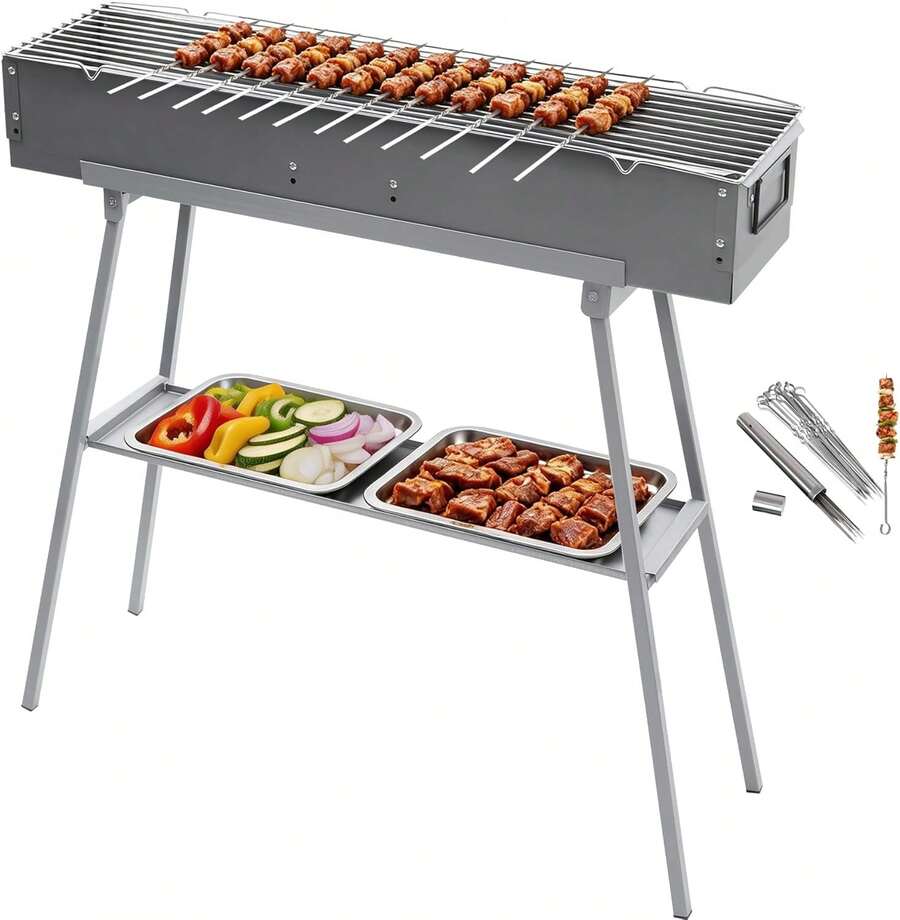 Portable Charcoal Grill  , Heavy Duty BBQ Grill With Folding Legs And 31.6x7.1" Cooking Area, Kebab Grill For Outdoor Backyard Picnic Camping Party - Silver - View 1