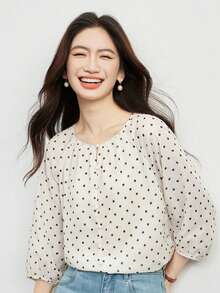 French Retro Polka Dot Versatile Blouse, Women's Spring/Summer New Lightweight Mid-Sleeve Shirt Top - Apricot - View 6