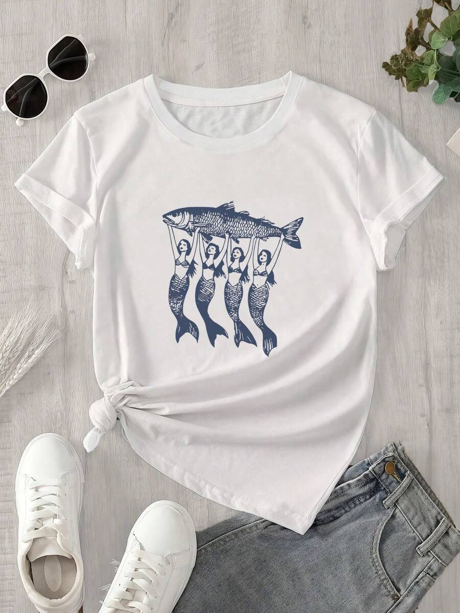Camiseta de manga corta y cuello redondo para mujer con estampado de un grupo de sirenas sosteniendo un pez, apta para todas las estaciones. - Blanco - Ver 1