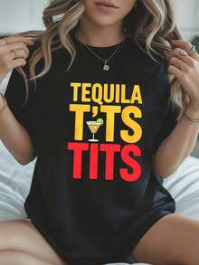 New Spring/Summer 2026 Fashion Short-Sleeve T-Shirt, Made In Mexico, 200g. 100% Cotton. Fun Graphic Tee With A Taco And Tequila Design, Cartoon Print, Suitable For Couples, Perfect For Layering Or Wearing Alone. Crew Neck, Versatile And Unisex. Suitable For Both Office And Casual Occasions. Individually Packaged. The Perfect Short-Sleeve T-Shirt For Summer. - 黑色 4 - 查看 1