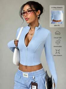 Women's Solid Color Stand Collar Zip-Up Long Sleeve Thumb Hole Minimalist Stylish Sports Jacket - Baby Blue - View 1