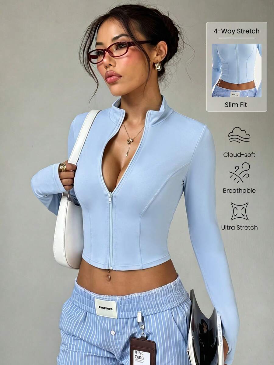 Women's Solid Color Stand Collar Zip-Up Long Sleeve Thumb Hole Minimalist Stylish Sports Jacket - Baby Blue - View 1