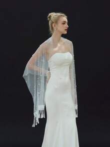 1 Stück Original Großer Perlen Tüll Schal, Brautschal für Hochzeitskleid, Transparenter Weicher Tüll Langer Schal, Braut Quasten Schal für Hochzeitsboutique - Beige - Übersicht 6