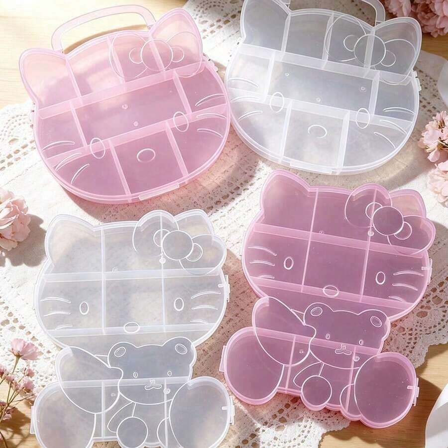 SANRIO 1個三麗鷗可愛小貓精緻粉色塑膠收納盒，10格分隔，2種不同形狀，可用於收納珠飾、髮飾、美妝用品、美甲產品，多用途生日禮物、節日禮物、夏季必需品