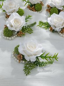 1 pieza/6 piezas Rosa blanca Alan con cuentas doradas y bayas verdes, follaje artificial estilo Mori, elegante corsage de muñeca, adecuado para novia, dama de honor, madre, suegra - Blanco - Ver 4