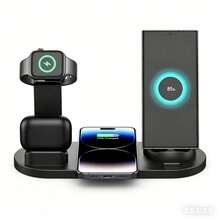 Estación de carga inalámbrica rápida 6-en-1 de 15W, soporte cargador multidispositivo compatible con iPhone 17/16/15/14/13/12, carga USB compatible con Apple Watch - Negro - Ver 2