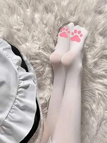 1 Pair Black/White Cute Cartoon Cat Paw Pad Over-The-Knee Socks - Multicolor - View 4