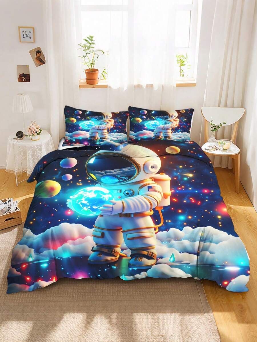 2/3件組 3D太空人星系床上用品套組,藍色太空行星與雲朵印花被套組,適合兒童與青少年,柔軟被套附枕套,天文主題臥室裝飾,(單人/雙人/加大尺寸) - 彩色 - 查看 1