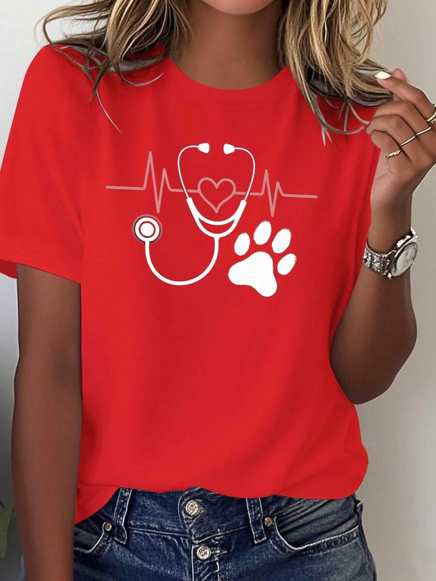 1 Women's Veterinary Technician T-Shirt - Exclusive Stethoscope And Paw Print Design, With ECG Line, Stethoscope Print On Chest, Casual Nursing Apparel, Suitable For All Seasons (Black/White/Pink) Printed T-Shirt - 紅色 - 查看 1