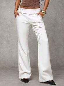 TIN Pantalones casuales de unicolor y talle bajo para mujer - Blanco - Ver 1