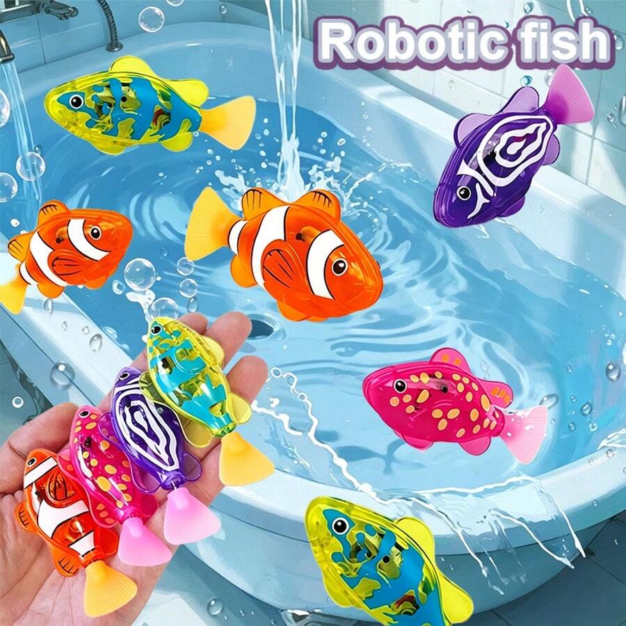 4入迷你電子小丑魚 LED 機器人寵物玩具，觸水即游且動作逼真，適合男孩女孩在泳池或浴缸玩耍，也能逗貓，兒童生日禮物首選