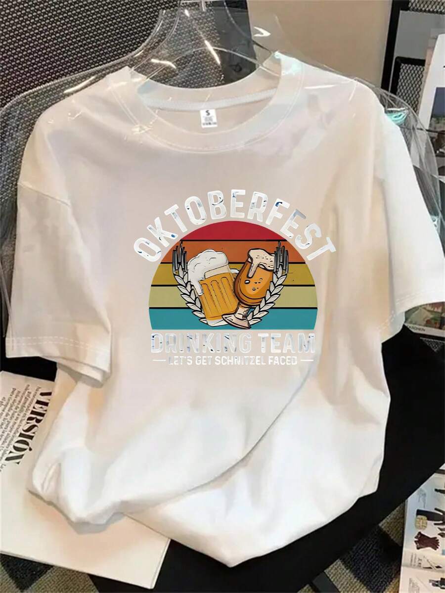 Camisa de manga corta con cuello redondo y estampado del logo de un bar de cerveza para mujer, con dos logotipos de cerveza, adecuada para todas las estaciones. - Blanco - Ver 1