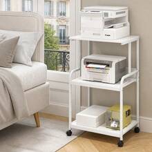 3-Tier Rolling Printer Stand With Storage Shelves, Multi-Purpose Printer Organizer Cart With Wheels, For Folders Books Fax Machine Scanner Home Office Desk - White - View 8