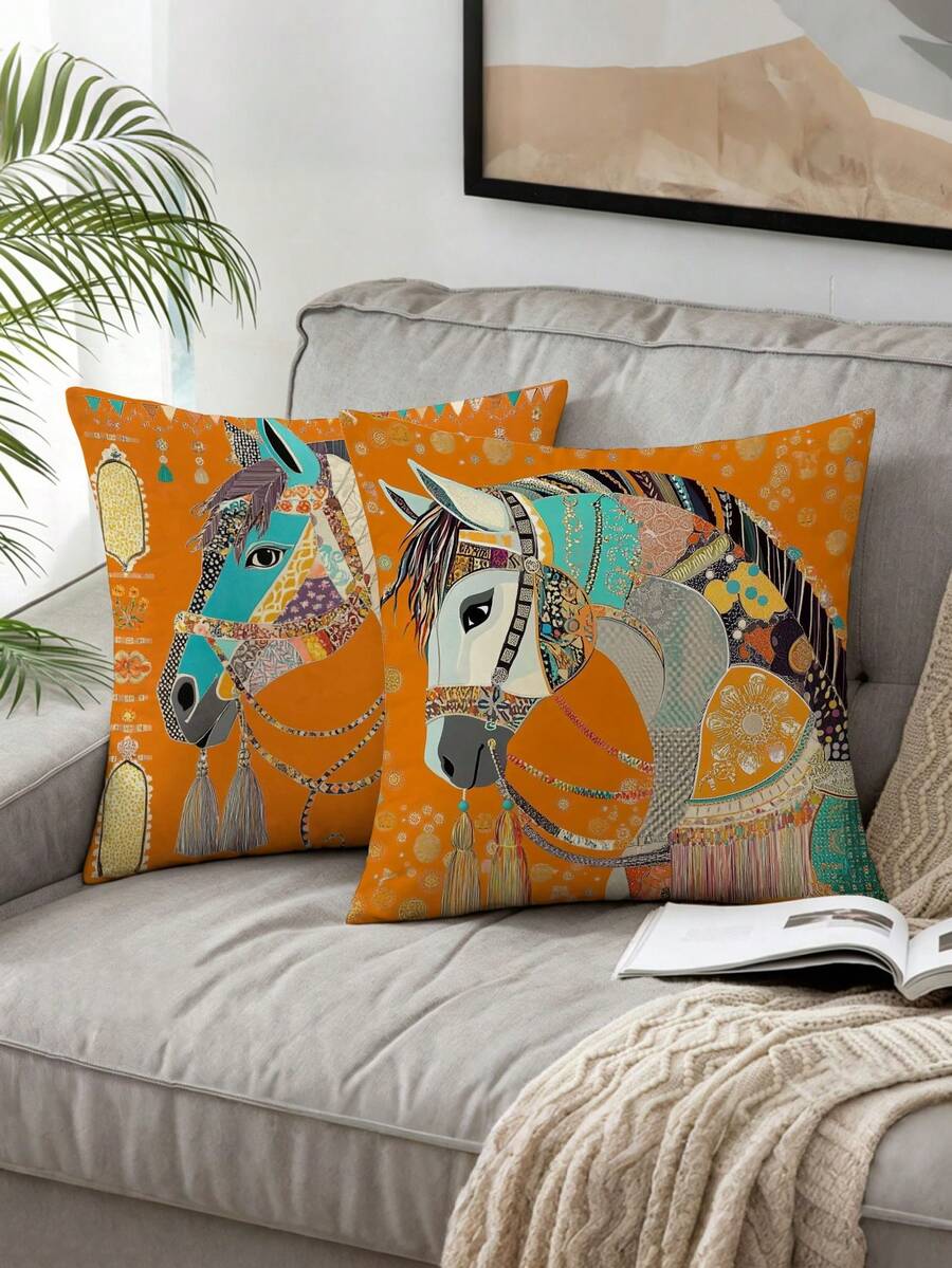 2 buah, Sarung Bantal Motif Balap Kuda yang Modis & Nyaman, Resleting Tersembunyi, Tanpa Isi, Cocok untuk Dekorasi Rumah, Dekorasi Ruang Tamu, Sarung Bantal, Sarung Bantalan, Bantal Dekoratif Sofa, Sarung Tikar, Bantal Lembut. - MultiWarna - View 1