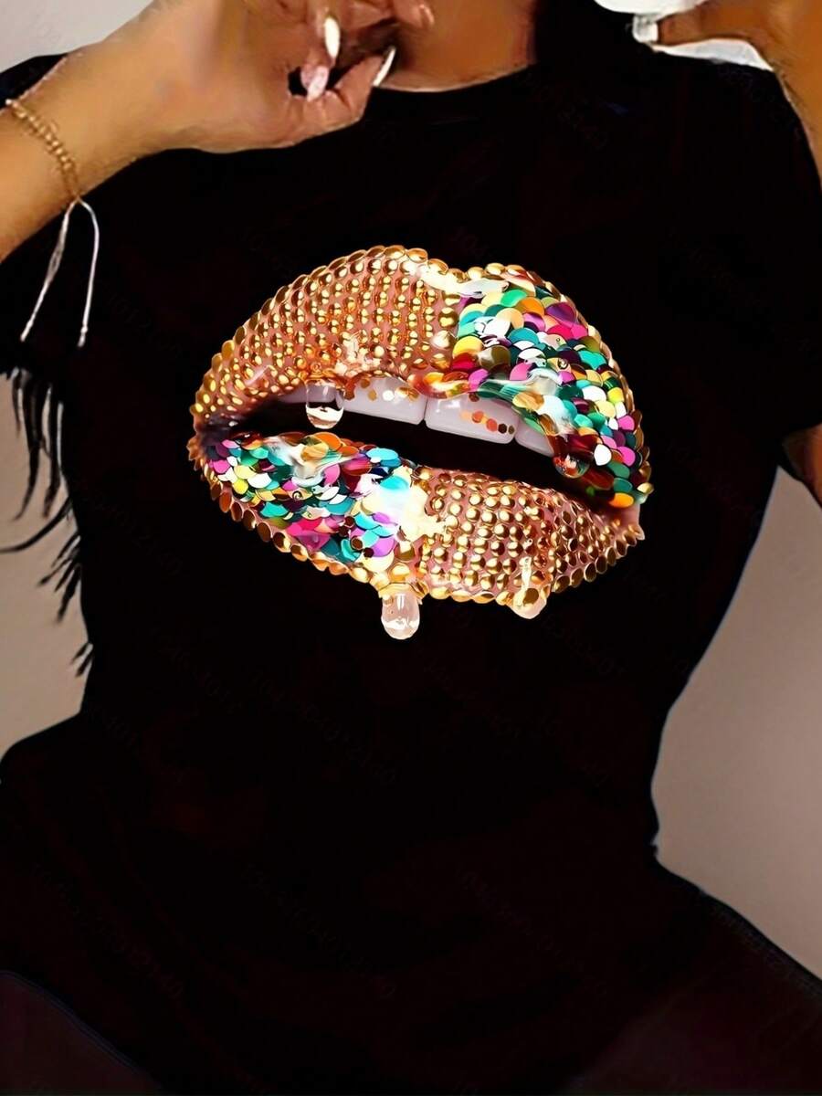 Conjunto de verano moderno para mujer, que incluye una camiseta de manga corta con cuello redondo. - Negro - Ver 1