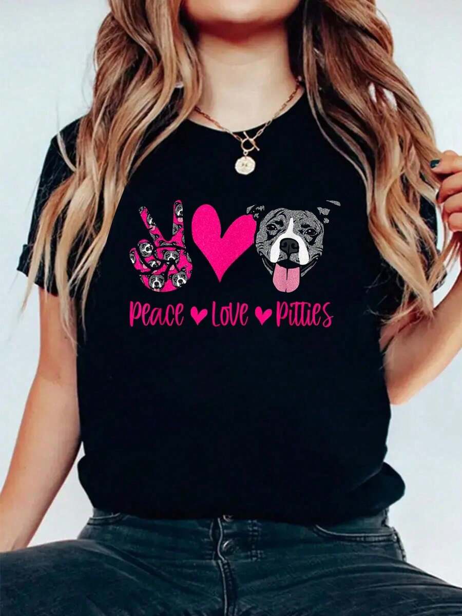 Women's Oversized Short Sleeve T-Shirt, Casual Pitbull Print, "Pit Bull Lives Matter", "Pitbull Puppy Dog Mom", 100% Cotton, Summer Short Sleeve T-Shirts, Graphic T-Shirts For Women, 100% Cotton Tops. - 黑色 - 查看 1
