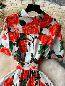 Elegant Women's Floral Print Dress With Short Sleeves, Lapel Collar, And Fitted Waist - Romantic Rose Design, Perfect For Spring Outings, Garden Parties, And Casual Events | Garden Party Dress | Floral Print Dress | Stylish Dress - 鵝黃色 - 查看 4