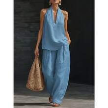 Women's Halter V-Neck Sleeveless 2-Piece Set, Solid Wide Leg Pants, Casual Lounge Co-Ord Outfit For Summer Vacation - 淺綠色 - 查看 3
