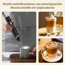 Espumador de Leche 6 en 1 con Base de Soporte, Espumador Elctrico Recargable con 3 Cabezales de Acero Inoxidable y 3 Velocidades, Batidora de Cafe para Latte, Capuchino, Caf - Negro - Ver 3