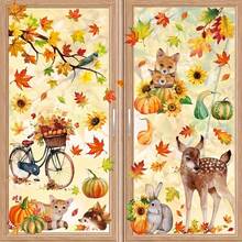 9Pcs Large Autumn Window Clings With Pumpkin, Maple Leaf, Hedgehog And Deer Patterns, For Home, Party And Shop Window Decoration. - Multicolor - View 1