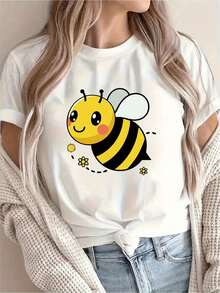 Women's Cartoon Print T-Shirt, Casual Holiday Clothes, Short Sleeve, Round Neck, Spring/Summer, Machine Washable, New Women's Clothing, Versatile For Urban And Sports Use - 白色 - 查看 1