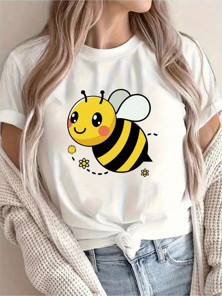 Women's Cartoon Print T-Shirt, Casual Holiday Clothes, Short Sleeve, Round Neck, Spring/Summer, Machine Washable, New Women's Clothing, Versatile For Urban And Sports Use - 白色 - 查看 1