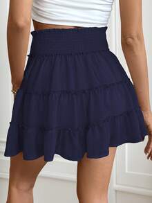 Women's Bohemian High Waist Mini Skirt With Ruffles And Shorts - Lightweight, 100% Polyester, Machine Washable, Solid Color For Casual And Formal Outfits - Navy Blue - View 2