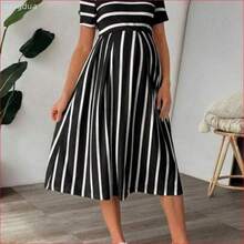 VUUG
  Vestido de maternidad casual estilo midi con cuello redondo y mangas cortas a rayas para mujeres embarazadas - Negro01 - Ver 1