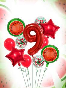 11pcs 32-Inch Red & Green Number Balloon Set, 18-Inch Watermelon Foil Balloon, Star Balloon, 12-Inch Red & Green Foil Confetti Transparent Latex Balloon, Suitable For Birthday Party, Watermelon Party, Summer Party Decoration - Multicolor - View 19