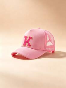 1pc Kids 3-15 Years Adjustable Mesh Trucker Hat, 26 Letters Breathable Baseball Cap, Sun Protection For Sports And Daily Wear - Pink - View 2