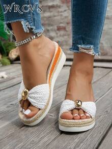 WRCVS White Thick Sole Woven Strap Sandals Summer Sandals Rope Sole Stylish Vacation Sandals Metal Buckle Decor Lightweight Shoes Bohemian Style Platform Shoes Big Butterfly Sexy Shoes - White - View 3
