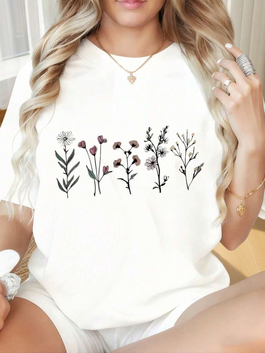 Camiseta Casual de Mujer con Cuello Redondo y Mangas Cortas, Estampado Divertido, Camiseta Bordada con Diseño Floral, Camiseta Casual de Corte Holgado para Mujer, Top de Manga Corta, Camiseta Gráfica de Moda de Verano con Diseño de Flores Delicadas, Adecuada para el Día de San Valentín, Fiestas de Navidad, Actividades Deportivas, Fiestas de Vacaciones, Salidas, Deportes y Otros Regalos Festivos. Moda - Blanco - Ver 1