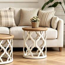 LONYKE Rustic Farmhouse End Table, Distressed Wood Top Side Table With Curved Motif Frame Base For Boho, Round - Tray Tabletop White - View 2