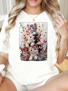 Camiseta de Mujer con Cuello Redondo y Mangas Cortas, Estampado Divertido de Gatito y Flores, Camiseta Casual de Manga Corta para Mujer, Camiseta Gráfica de Amante de Gatos Negros, Ropa de Moda de Verano, Adecuada para el Día de San Valentín, Navidad, Fiestas, Actividades Deportivas, Fiestas de Vacaciones, Salidas, Deportes y Otros Regalos Festivos (220g). Blusas 100% Algodón>Basicas - Blanco - Ver 1