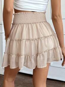 Women's Bohemian High Waist Mini Skirt With Ruffles And Shorts - Lightweight, 100% Polyester, Machine Washable, Solid Color For Casual And Formal Outfits - Khaki - View 4