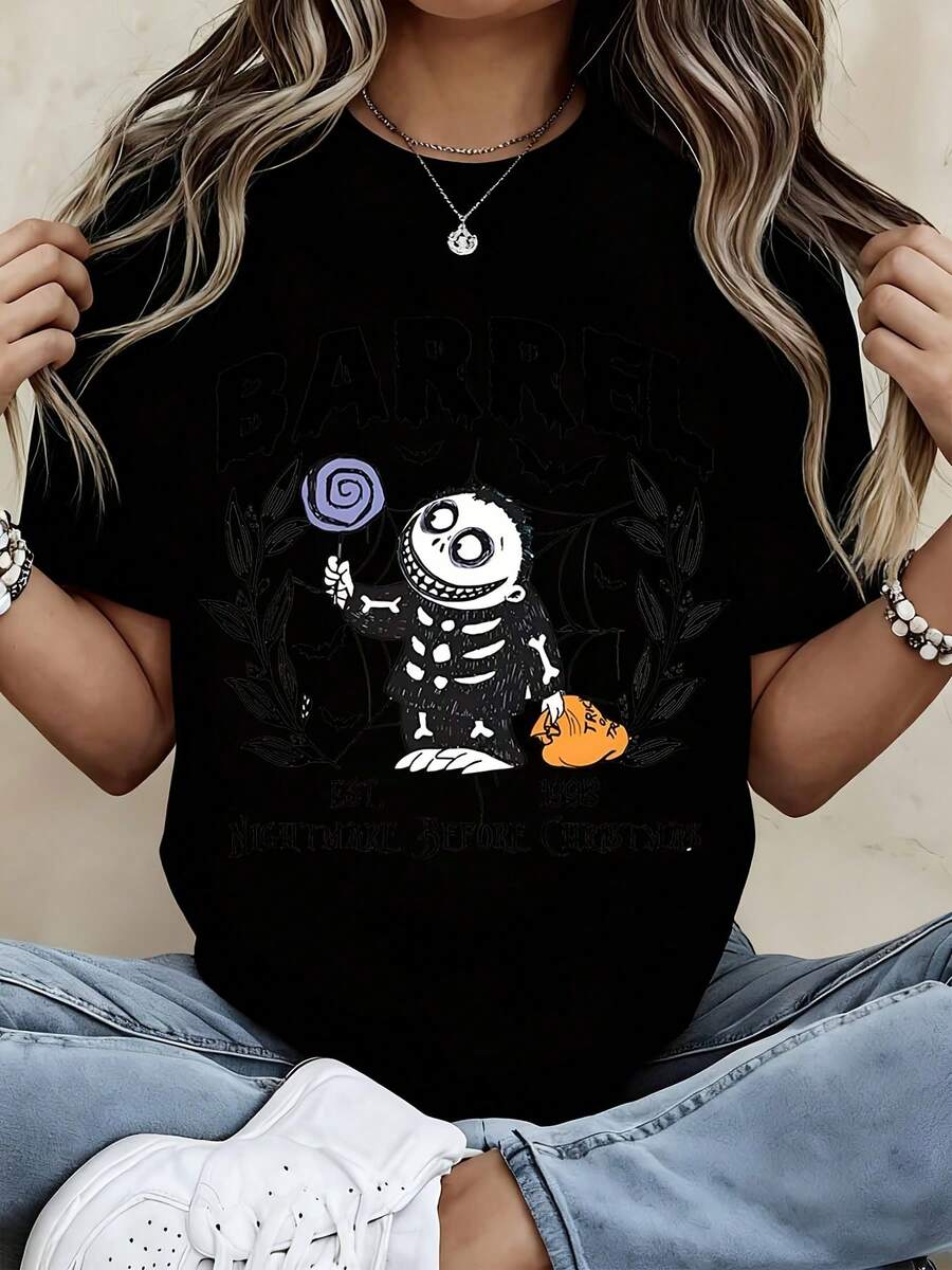Disney Barrel T Shirt Black Jack Skellington Halloween Pumpkin Candy Print For Women And Men Casual Wear - 黑色 - 查看 1