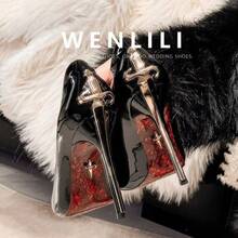 2026 New Model Gold Blade Scepter Red Sole Printed Stiletto Heel Elegant Lady Style Women's High-Heel Shoes High-Grade Black Patent Leather - 漆皮裸色 - (10 公分) - 查看 2
