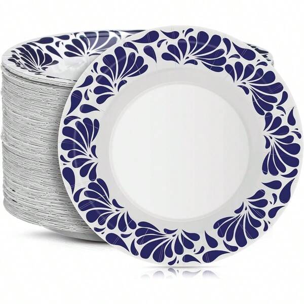 Piezas Platos de Papel Talavera Cantaritos De Barro Mexicanos Platos de Papel Azul y Blanco Vajilla Desechable Suministros para Fiestas de Boda Shower Pulgadas