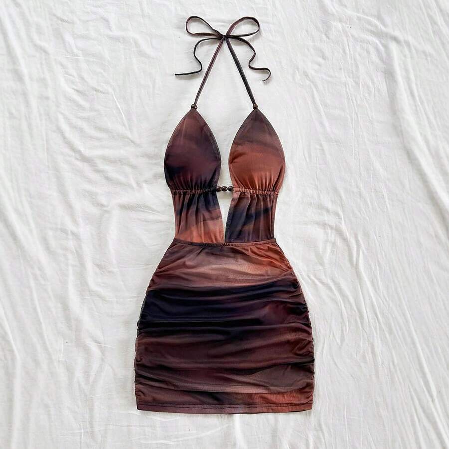 Women's Solid Color Textured Halter Neck Fitted Mini Dress For Holiday - Brown - View 1