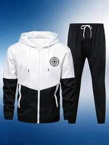 Men's Spring/Autumn Colorblock 2-Piece Sports Set | Hooded Zip-Up Jacket + Drawstring Cuffed Pants, Compass Print Casual Outdoor Outfit - Black - View 7