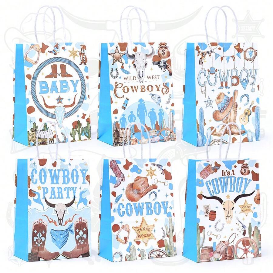 CARRIECUR Sacs cadeaux en papier thème cowboy western, 6 designs imprimés Far West, sacs de fête avec poignées pour anniversaire, baby shower, fête de rodéo, fête thème cowboy, emballage cadeau & fournitures de fête - Voir 1