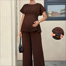 WNST
 MaterniWear 2 piezas Conjunto de top y pantalones de maternidad elegante de unicolor con cintura ceñida, para verano - Burdeos - Ver 2