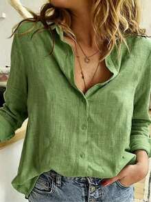 Women's Viscose Linen Shirt With Long Sleeves - Bosque verde - Ver 2