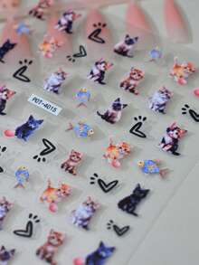 1pc Soft Cute Cat & Fish Nail Stickers, Black Hollow Heart Nail Slides, Self-Adhesive Disposable Embossed Nail Art Decor, Cute Style, Suitable For Daily Commute, Lively Pattern, Easy To Apply And Firm - Multicolor - View 5
