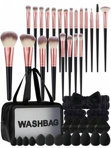 Juego de 9/13/47 piezas de brochas de maquillaje negras con esponjas de belleza, borlas de polvo y bolsa de lavado impermeable, kit de herramientas de maquillaje todo en uno para principiantes - Negro - Ver 13